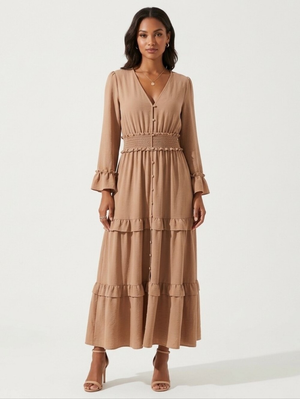 Simple Tan V-Neck Smocked Waist Tiered Maxi Dress